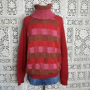 Vtg Marina Yachting Wool Blend Pink‎ & Red Checkered Chunky Turtleneck Sweater